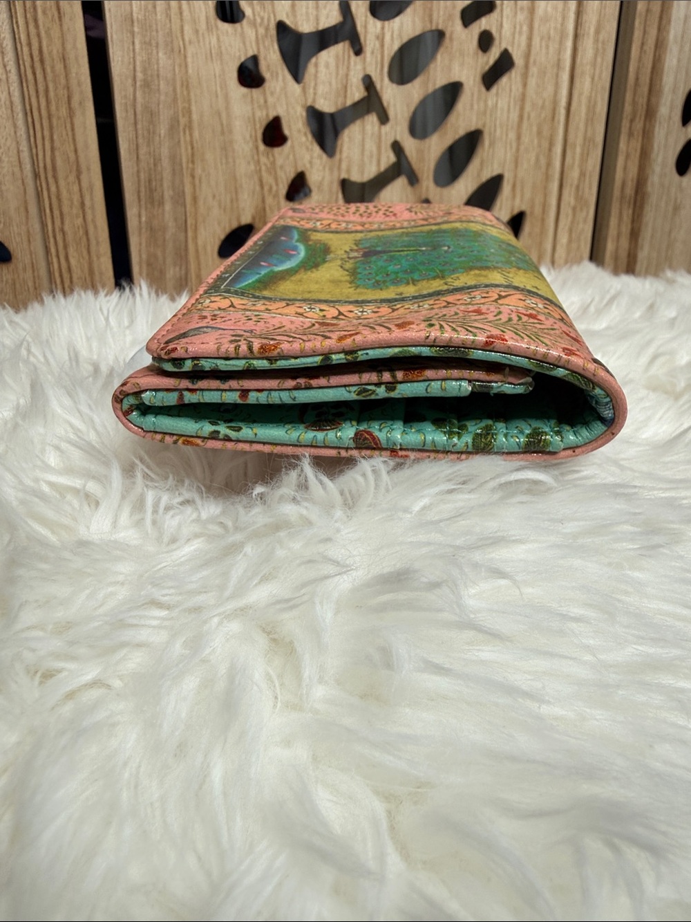Papaya Pink & Gold Hand-Painted Peacock Wristlet - Picture 8 of 9